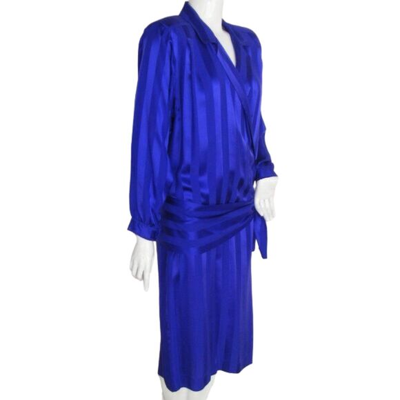LIZ CLAIBORNE Silk Dress, 12 Blue-PURPLE Jaquard Stripes, Drop Waist - Picture 2 of 11